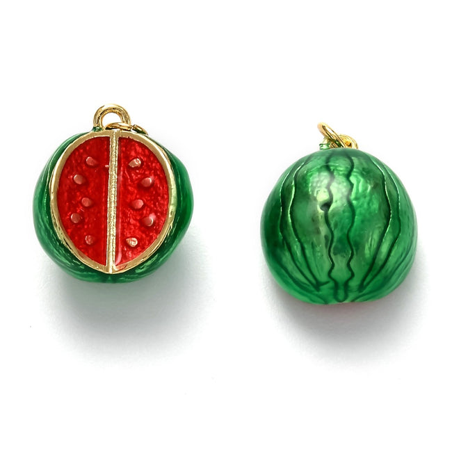 Watermelon Brass Enamel Charm, 18K Gold Plated, 16x13.5x9mm Main Image