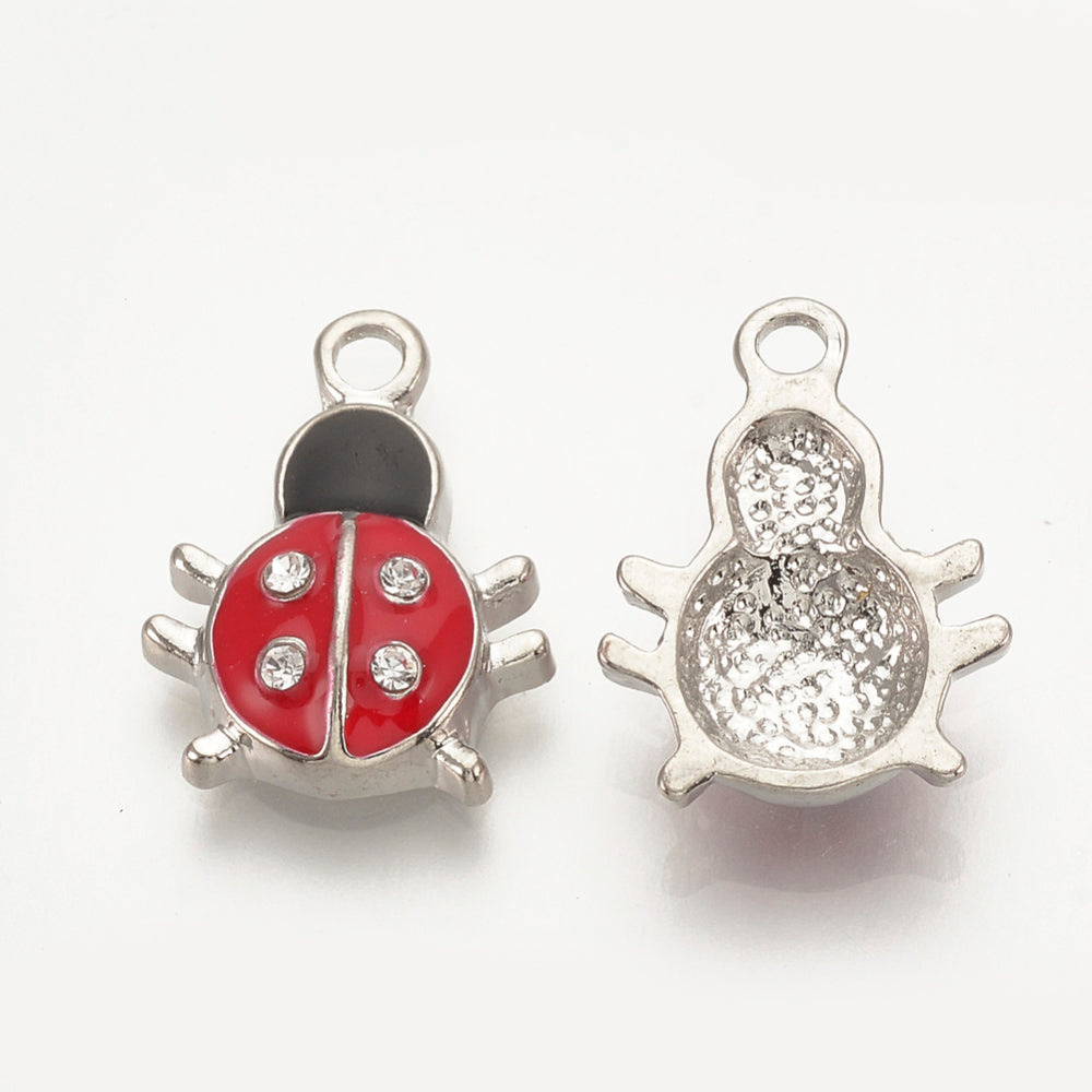 Ladybug Charm Enameled Platinum Charm, 2pc