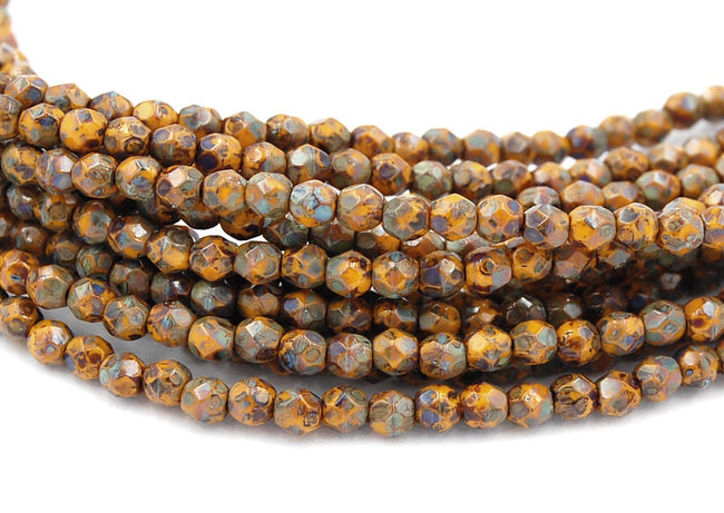 Sunflower Yellow Picasso Czech Glass Firepolished 4mm Beads -50 Main Image