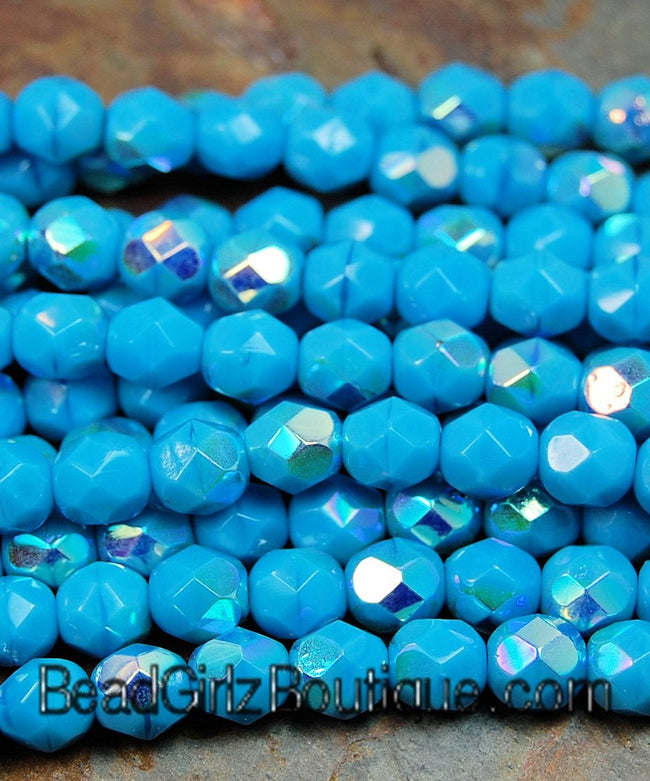 Sleeping Beauty Turquoise AB Czech Glass Faceted Bead 6mm Round - 50 Pc Main Image