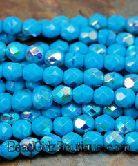 Sleeping Beauty Turquoise AB Czech Glass Faceted Bead 6mm Round - 25 Pc