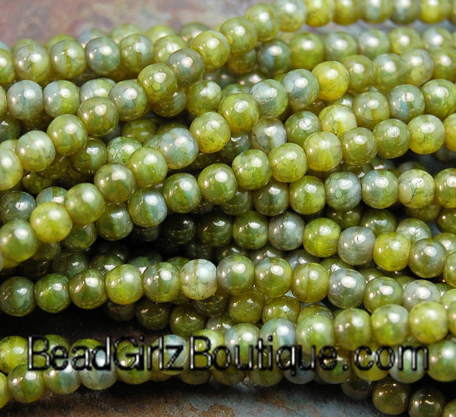 Moon Dust Yellow Coral 4mm round druk beads   - 100 Czech Beads Hover Image