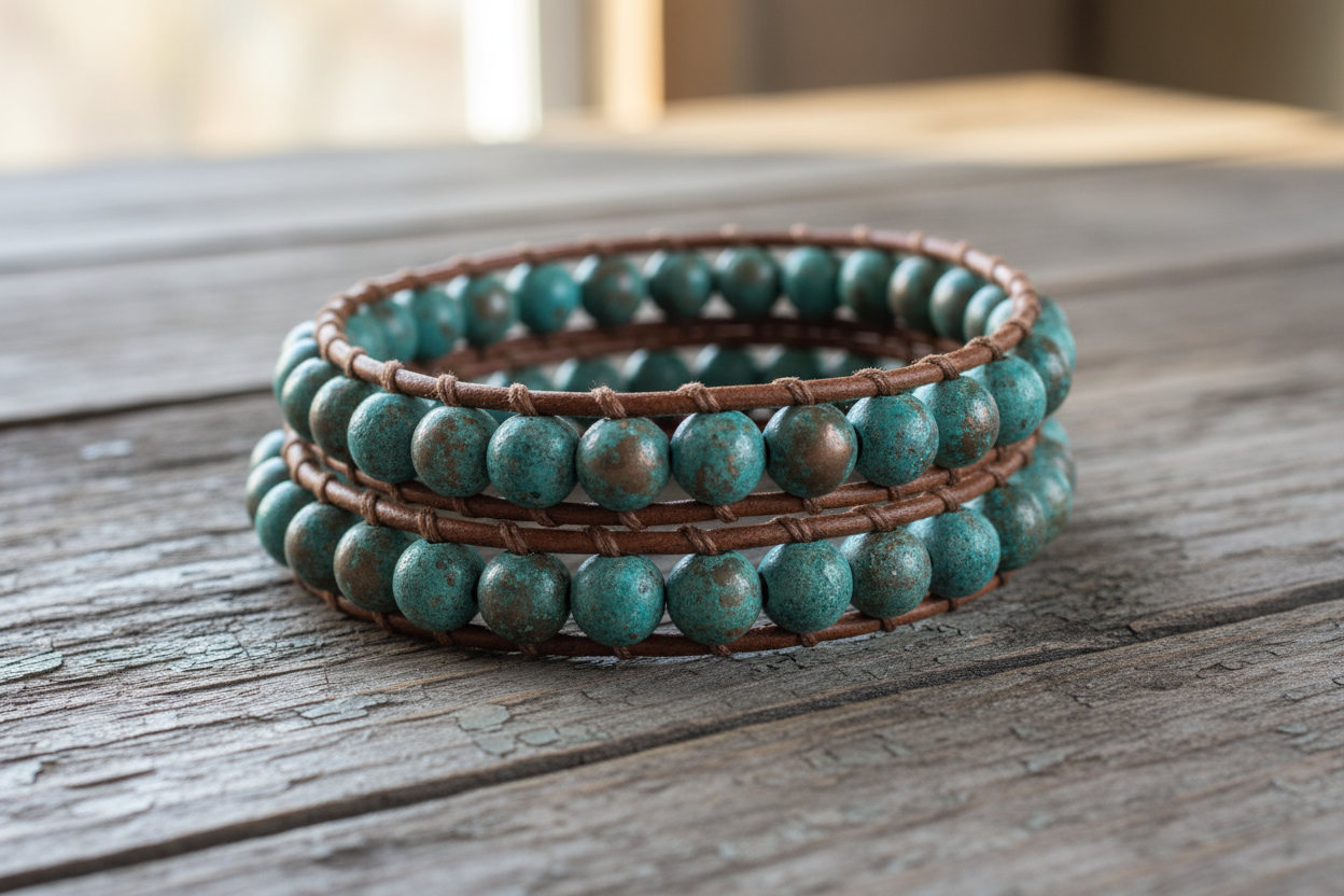 patina copper beaded leather bracelet on a barnwood table