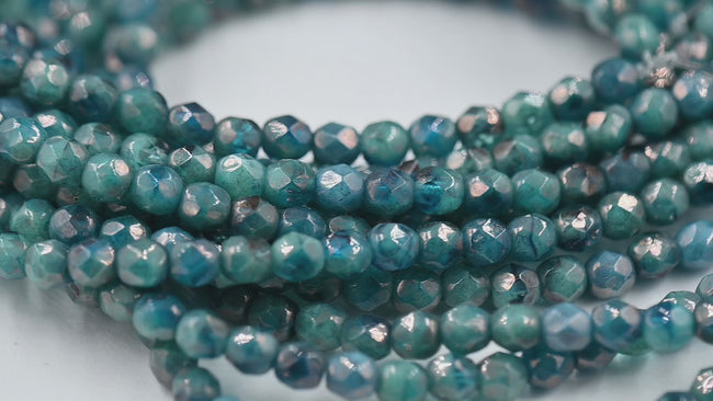 4mm Faceted Round Firepolished Czech Bead Pacific Blue with Luster Finish, 50pc Hover Image