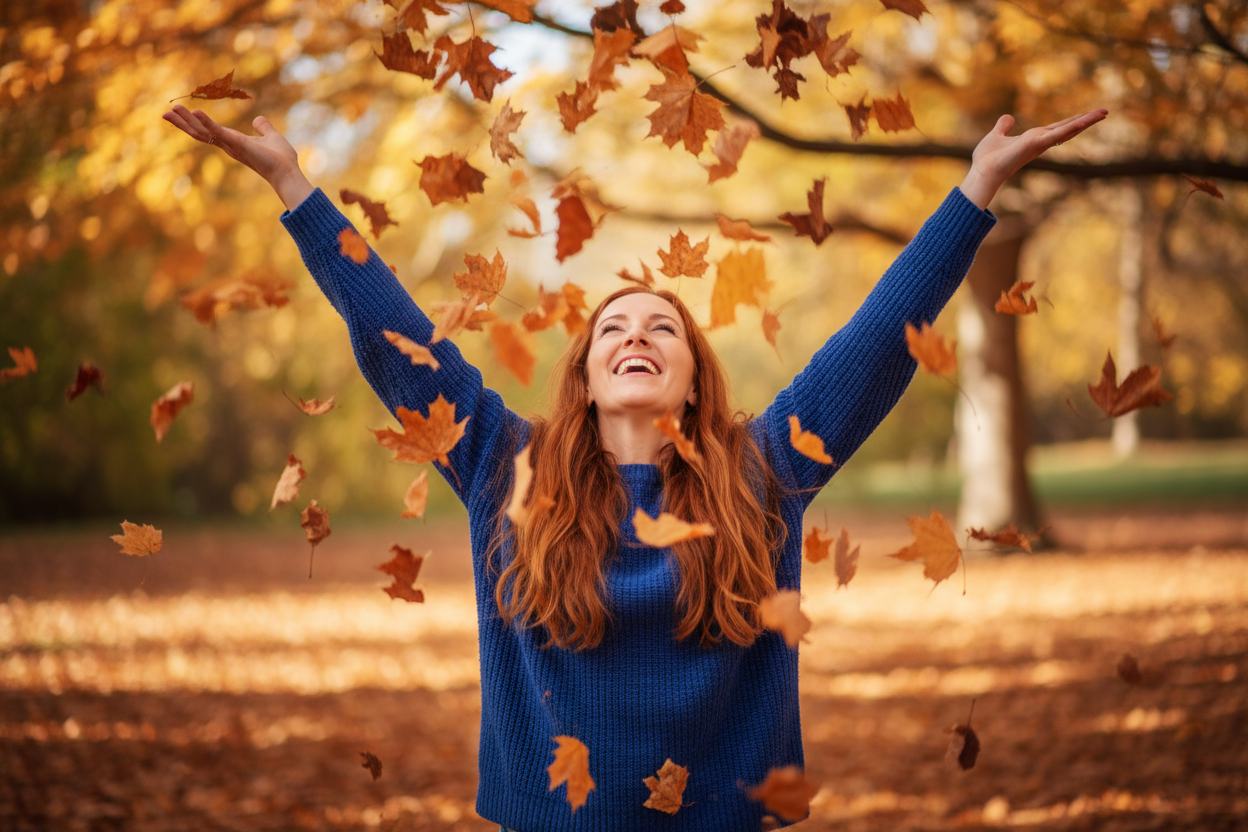 women with long red wearing a blue sweater hair raising arms to falling leaves