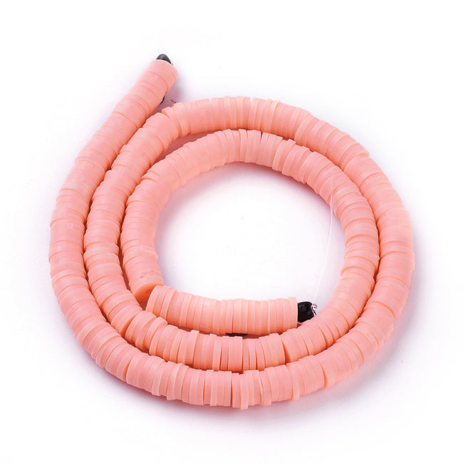 Flat Round Handmade Polymer Clay Bead Spacers, Salmon Pink, 6x1mm Hover Image