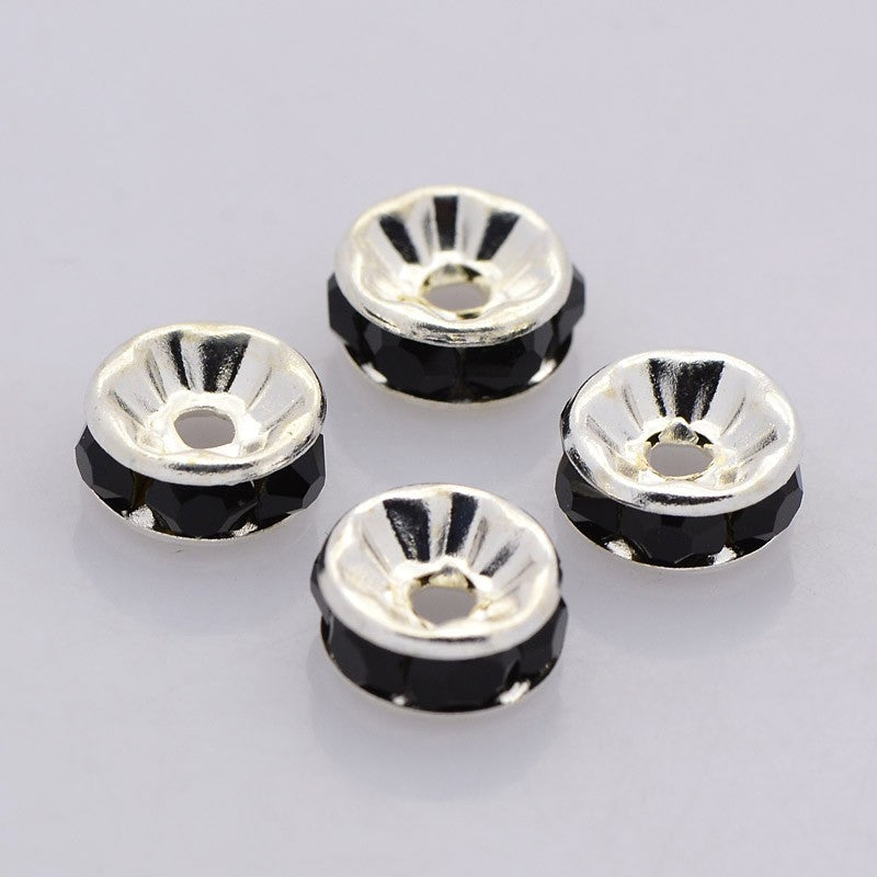 Silver Rhinestone Beads, Grade AAA, Nickel Free, Rondelle, Black Crystal, 8x3.8mm -20