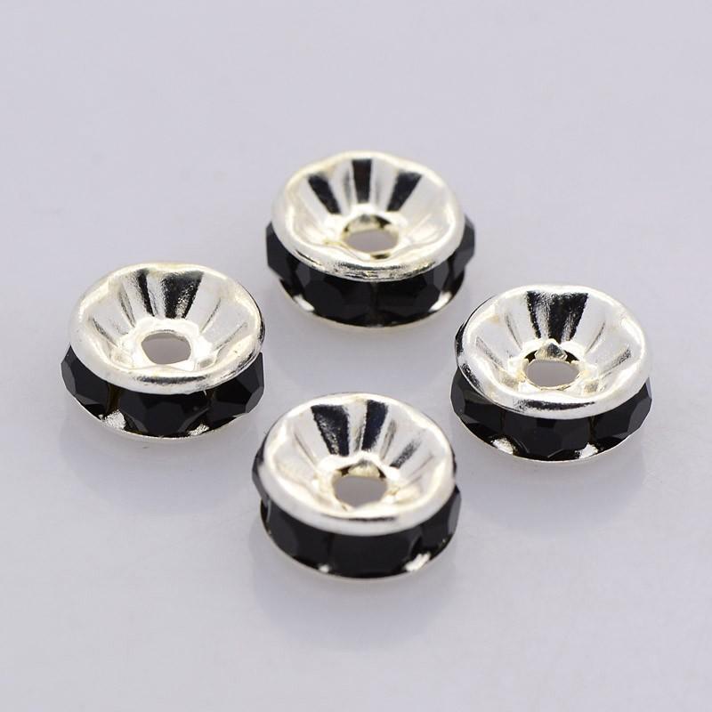 Silver Rhinestone Beads, Grade AAA, Nickel Free, Rondelle, Black Crystal, 8x3.8mm -40