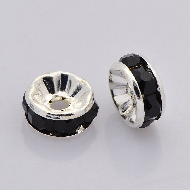 Silver Rhinestone Beads, Grade AAA, Nickel Free, Rondelle, Black Crystal, 8x3.8mm -20