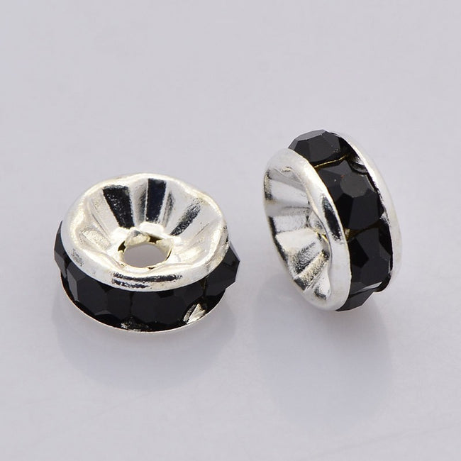 Silver Rhinestone Beads, Grade AAA, Nickel Free, Rondelle, Black Crystal, 8x3.8mm -20 Hover Image