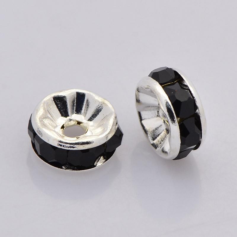 Silver Rhinestone Beads, Grade AAA, Nickel Free, Rondelle, Black Crystal, 8x3.8mm -40