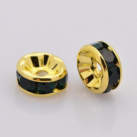 Gold Rhinestone Beads, Grade AAA, Gold Metal Color, Rondelle, Black Crystal, 6x3mm- 50