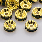 Gold Rhinestone Beads, Grade AAA, Gold Metal Color, Rondelle, Black Crystal, 6x3mm- 50
