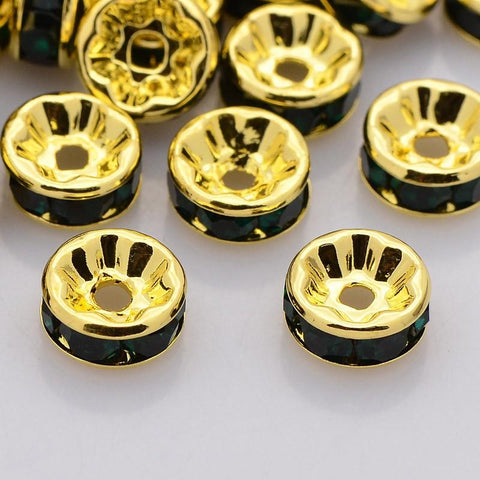 Gold Rhinestone Beads, Grade AAA, Gold Metal Color, Rondelle, Black Crystal, 6x3mm- 50