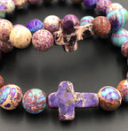 Impression Jasper Beaded Cross Bracelet Amethyst, 10mm