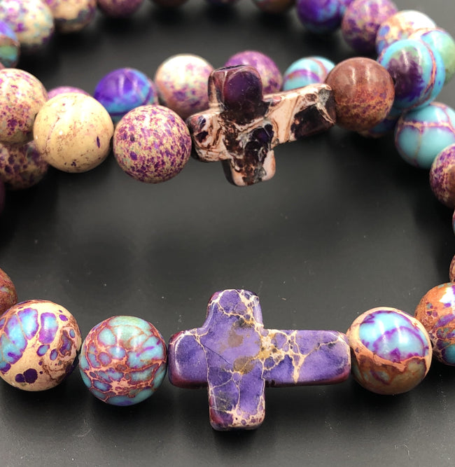 Impression Jasper Beaded Cross Bracelet Amethyst, 10mm Main Image