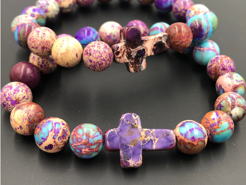 Impression Jasper Beaded Cross Bracelet Amethyst, 10mm