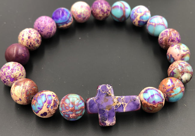 Impression Jasper Beaded Cross Bracelet Amethyst, 10mm Hover Image