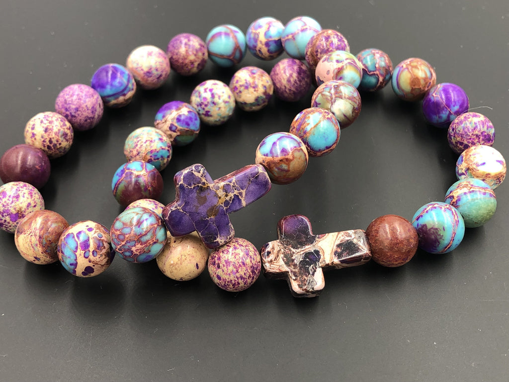 Impression Jasper Beaded Cross Bracelet Amethyst, 10mm