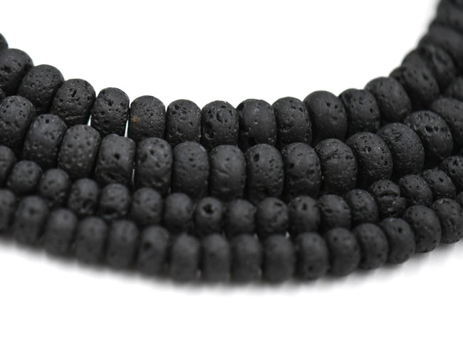 Black Lava Rock Rondelle 8x5mm, 6x4mm Natural Lava Stone Beads, 15-16 inch strand Hover Image