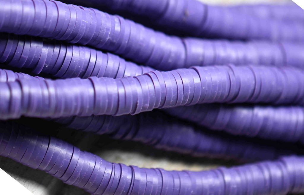 Flat Round Handmade Polymer Clay Bead Spacers, Purple, 6x1mm, Two Strands