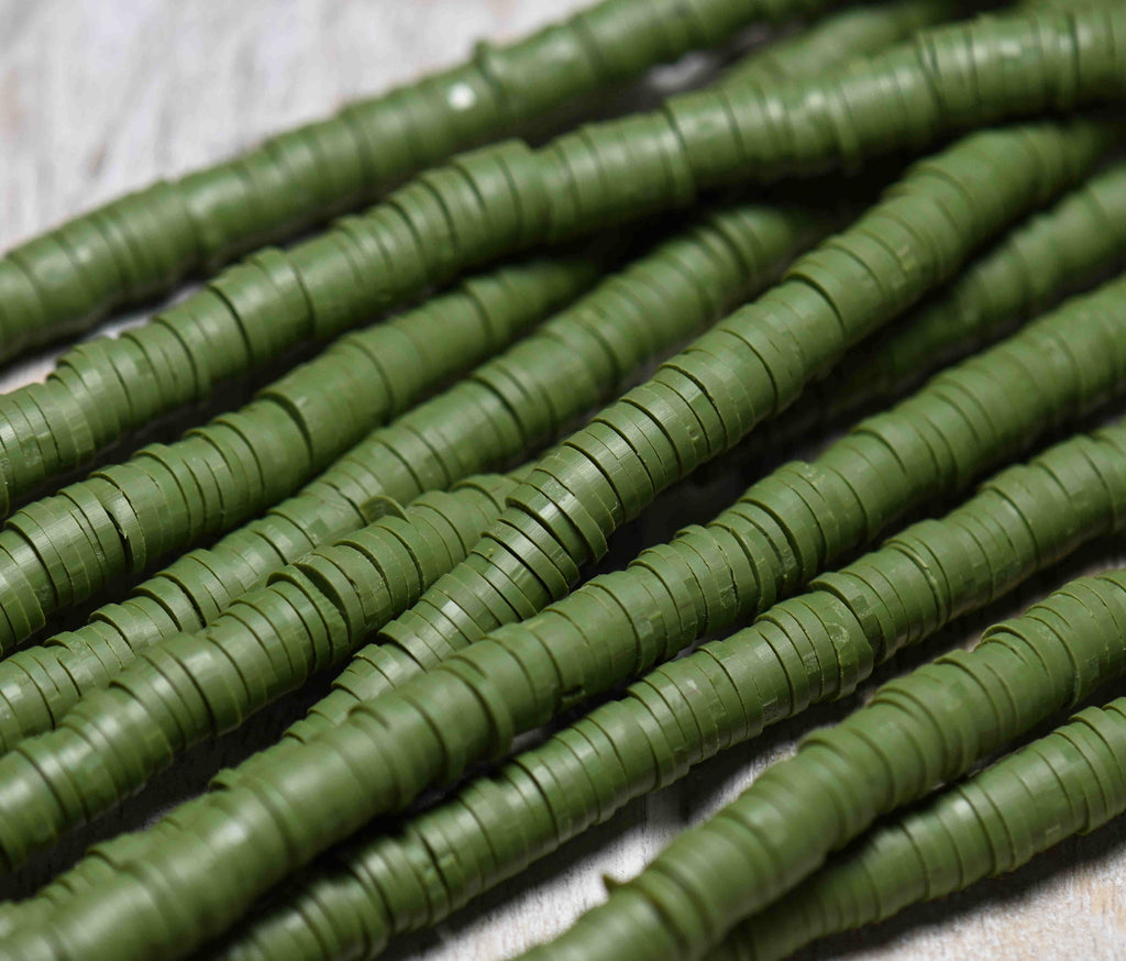 Flat Round Handmade Polymer Clay Bead Spacers, Olive Green, 6x1mm, 8x1mm