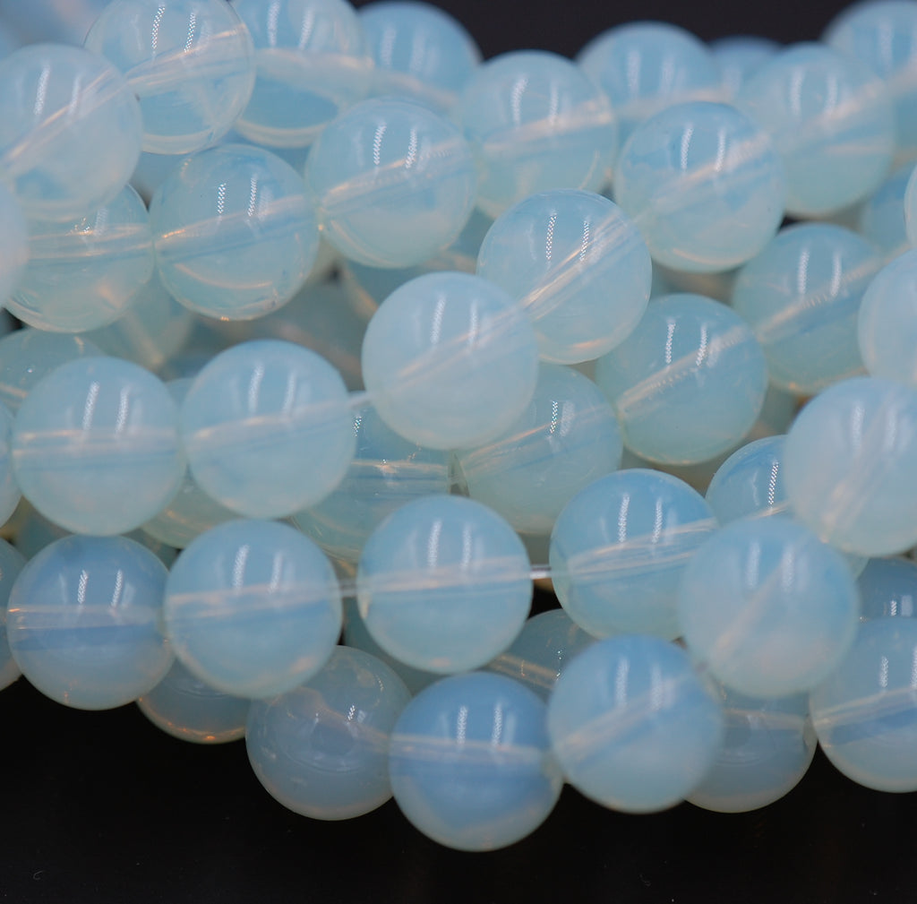 10mm Sea "Opal" Glass Creamy White Blue Opalescent  -12 inch strand