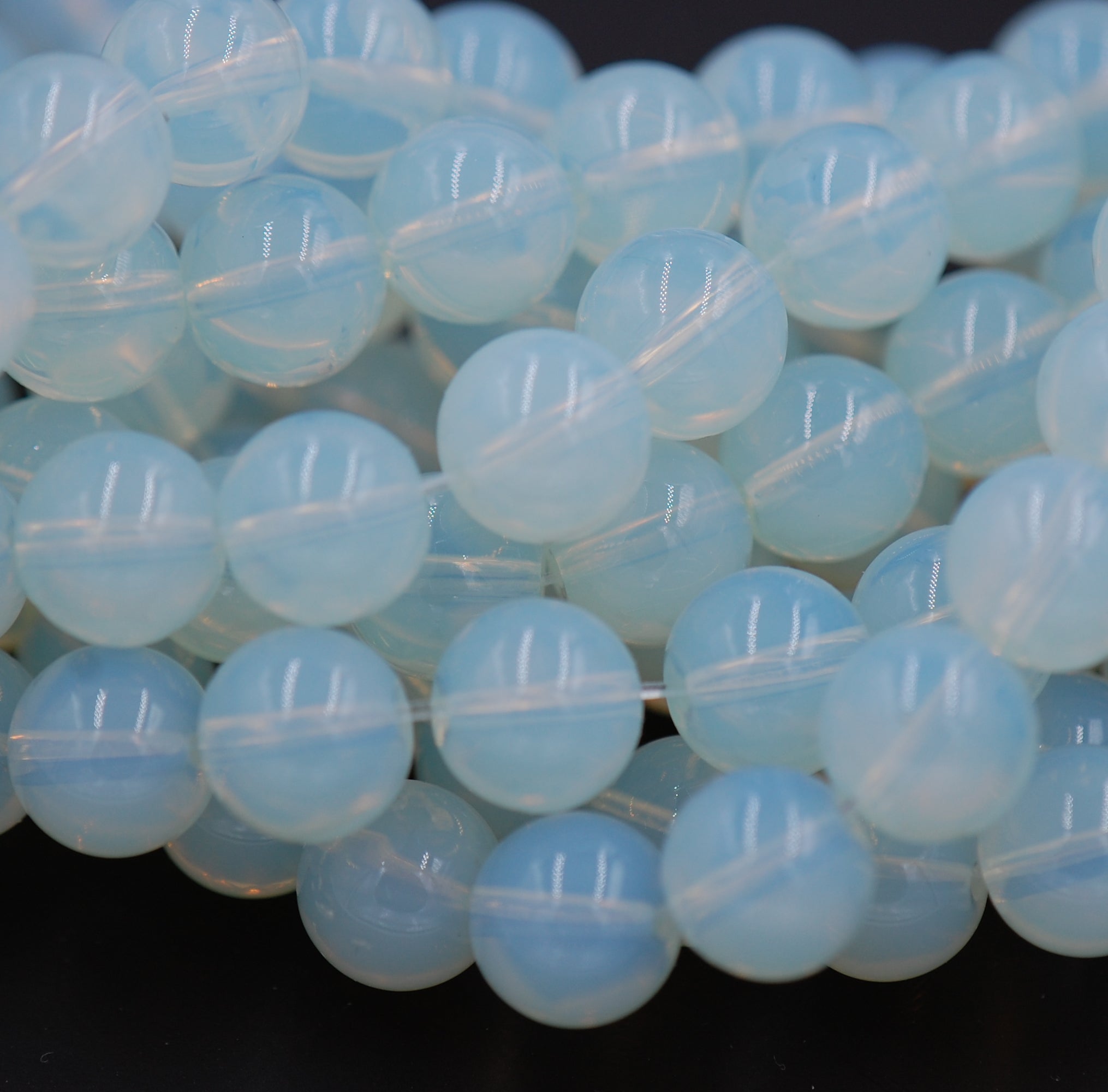 10mm Sea "Opal" Glass Creamy White Blue Opalescent  -12 inch strand