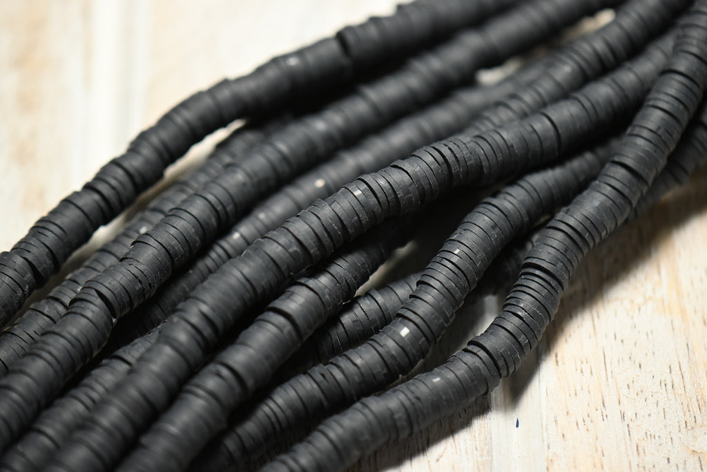 Flat Round Handmade Polymer Clay Bead Spacers, Black, 6x1mm