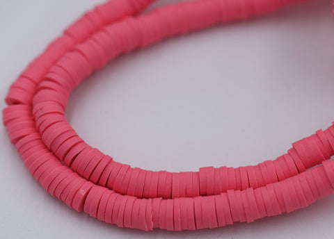Flat Round Handmade Polymer Clay Bead Spacers, Pink, 6x1mm