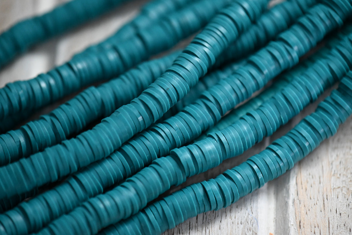 Flat Round Handmade Polymer Clay Bead Spacers, Teal Green, 6x1mm