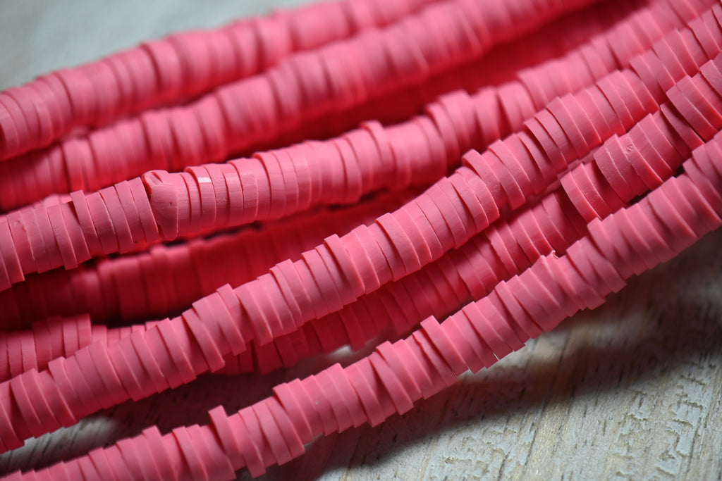 Flat Round Handmade Polymer Clay Bead Spacers, Pink, 6x1mm