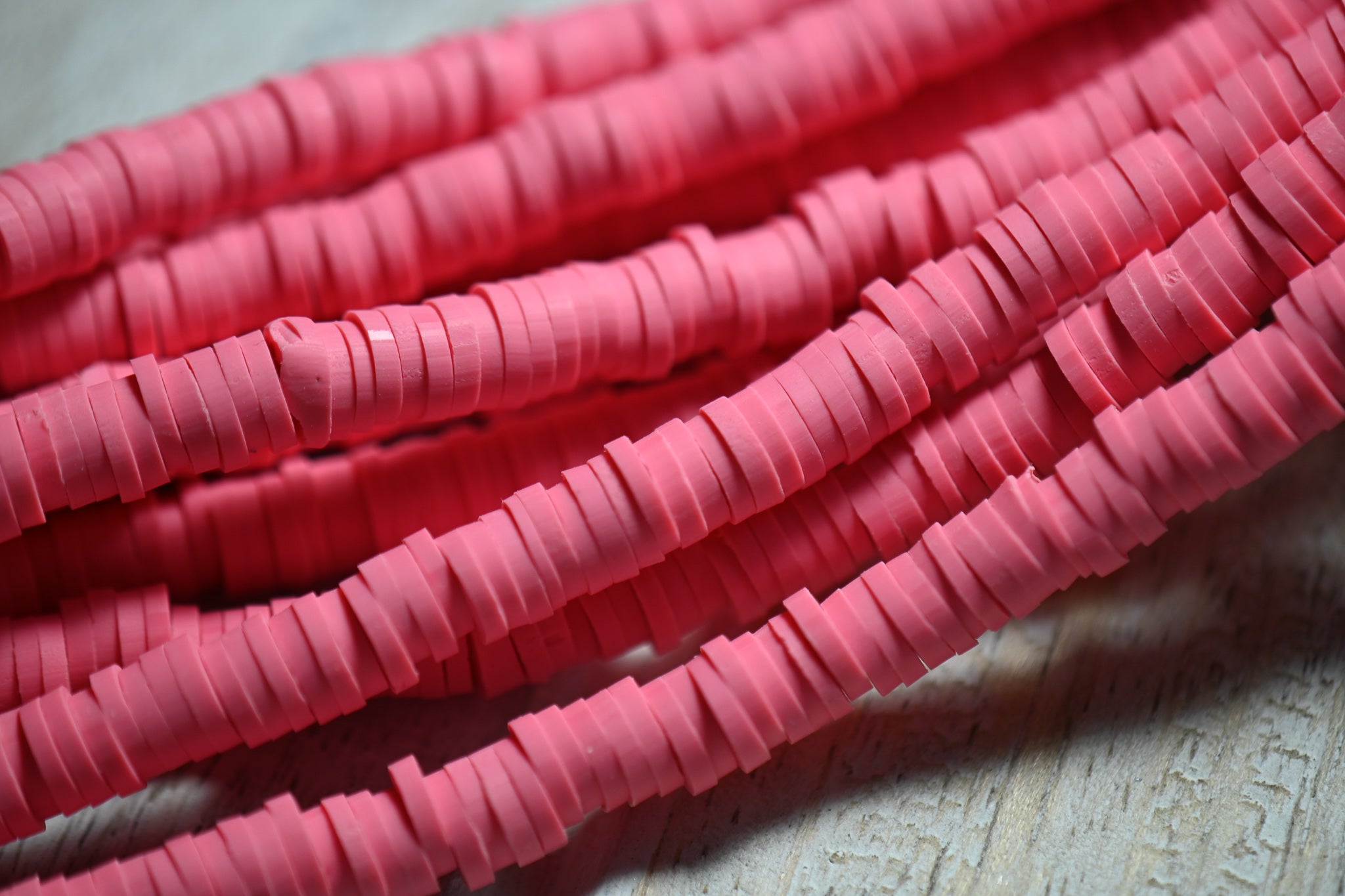 Flat Round Handmade Polymer Clay Bead Spacers, Pink, 6x1mm