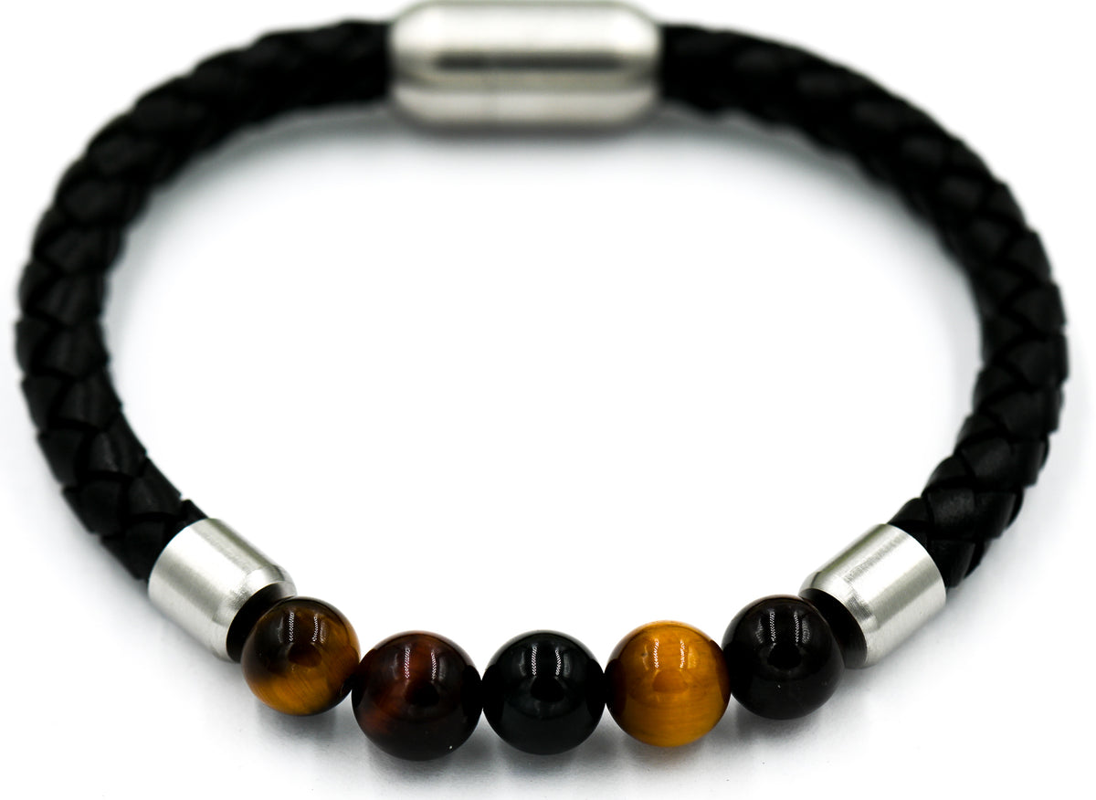 Onyx or Tiger Eye Rounds and Genuine Leather Bracelet, Stainless Steel Clasp