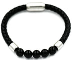 Onyx or Tiger Eye Rounds and Genuine Leather Bracelet, Stainless Steel Clasp