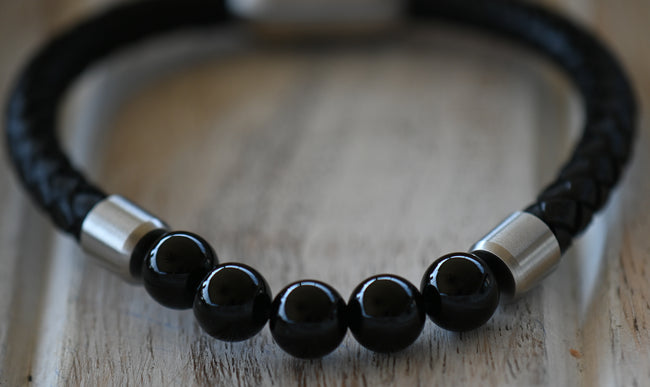 Onyx or Tiger Eye Rounds and Genuine Leather Bracelet, Stainless Steel Clasp Main Image