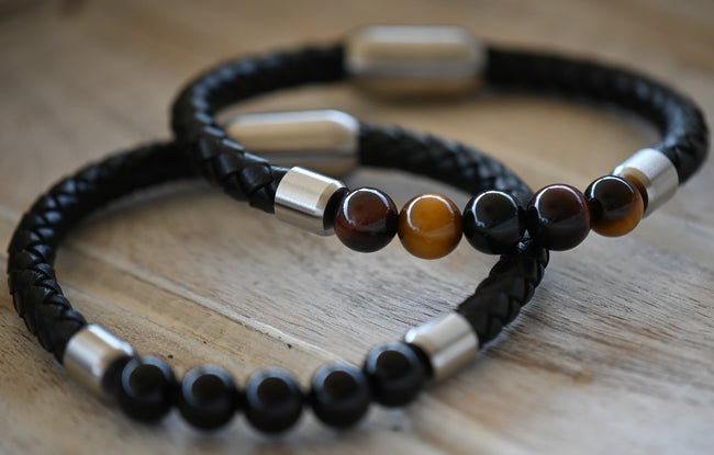 Onyx or Tiger Eye Rounds and Genuine Leather Bracelet, Stainless Steel Clasp Hover Image