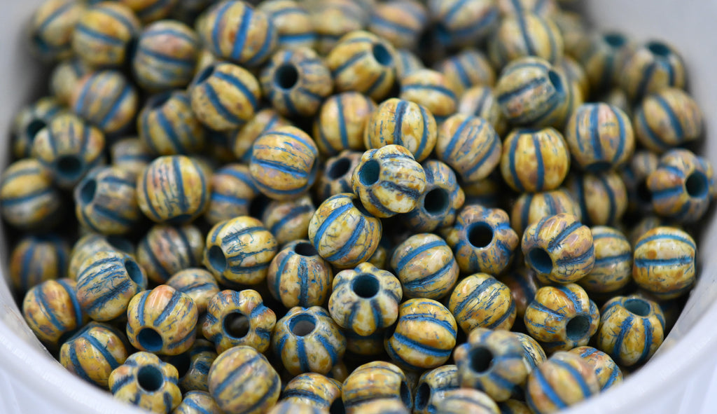 10pc, 8mm Melon Honey Picasso Teal Czech Glass Beads