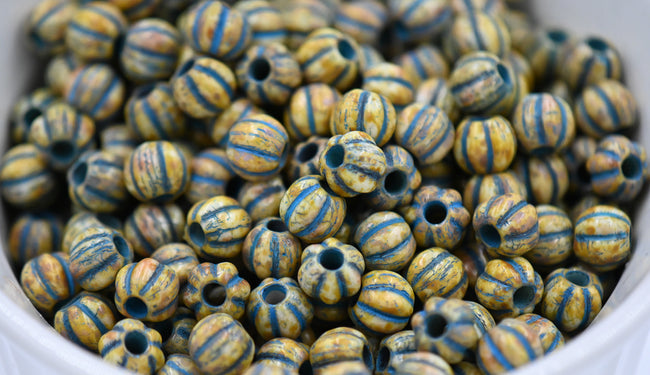 10pc, 8mm Melon Honey Picasso Teal Czech Glass Beads Main Image