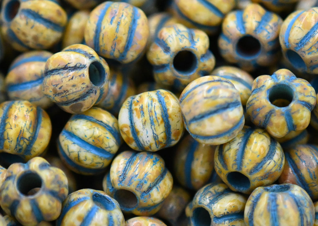 10pc, 8mm Melon Honey Picasso Teal Czech Glass Beads