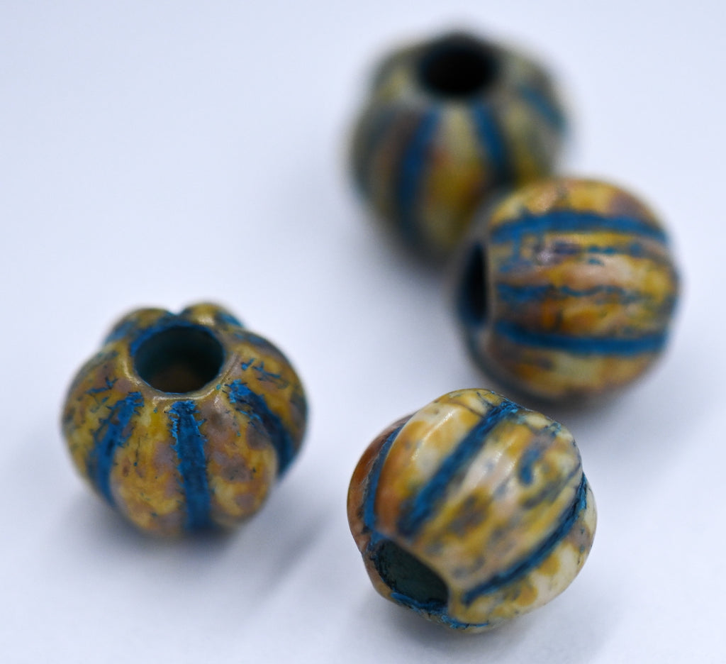 10pc, 8mm Melon Honey Picasso Teal Czech Glass Beads