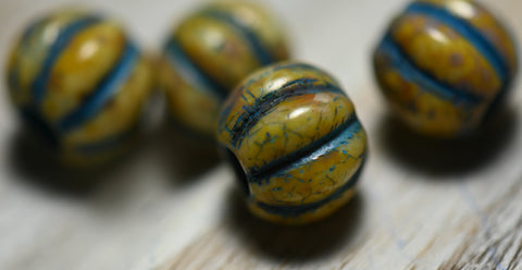 10pc, 8mm Melon Honey Picasso Teal Czech Glass Beads