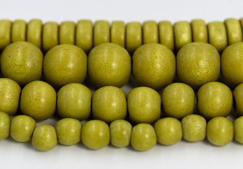 Chartreuse Green Wood Round 6mm 8mm 10mm 8x5mm, Yellow Green Wood Beads -16 inch strand