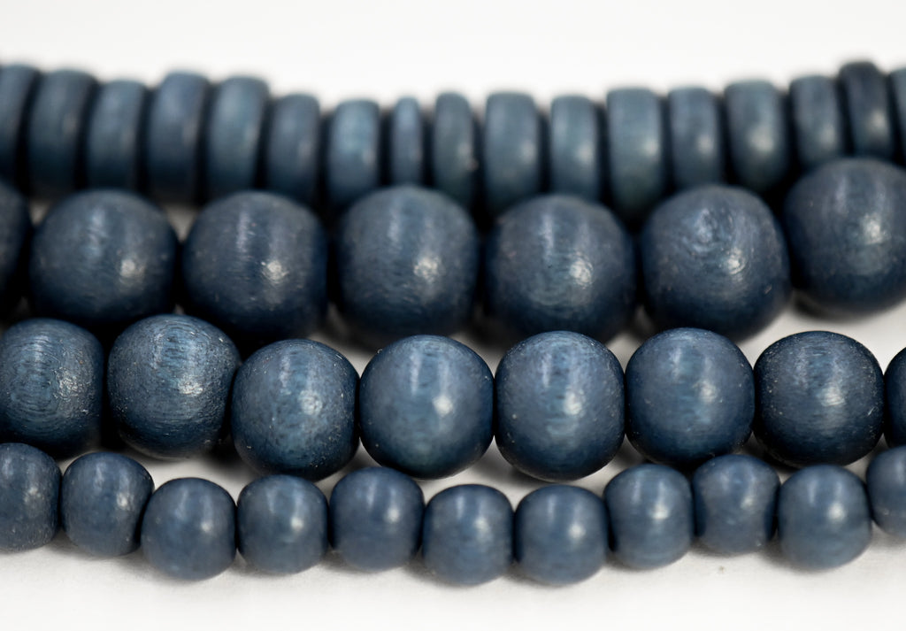 Blue Charcoal Gray Wood Beads 6mm, 8mm, 10mm,12mm, 8x5mm -16 inch Strand