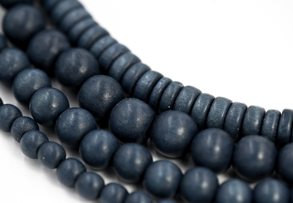 Blue Charcoal Gray Wood Beads 6mm, 8mm, 10mm,12mm, 8x5mm -16 inch Strand