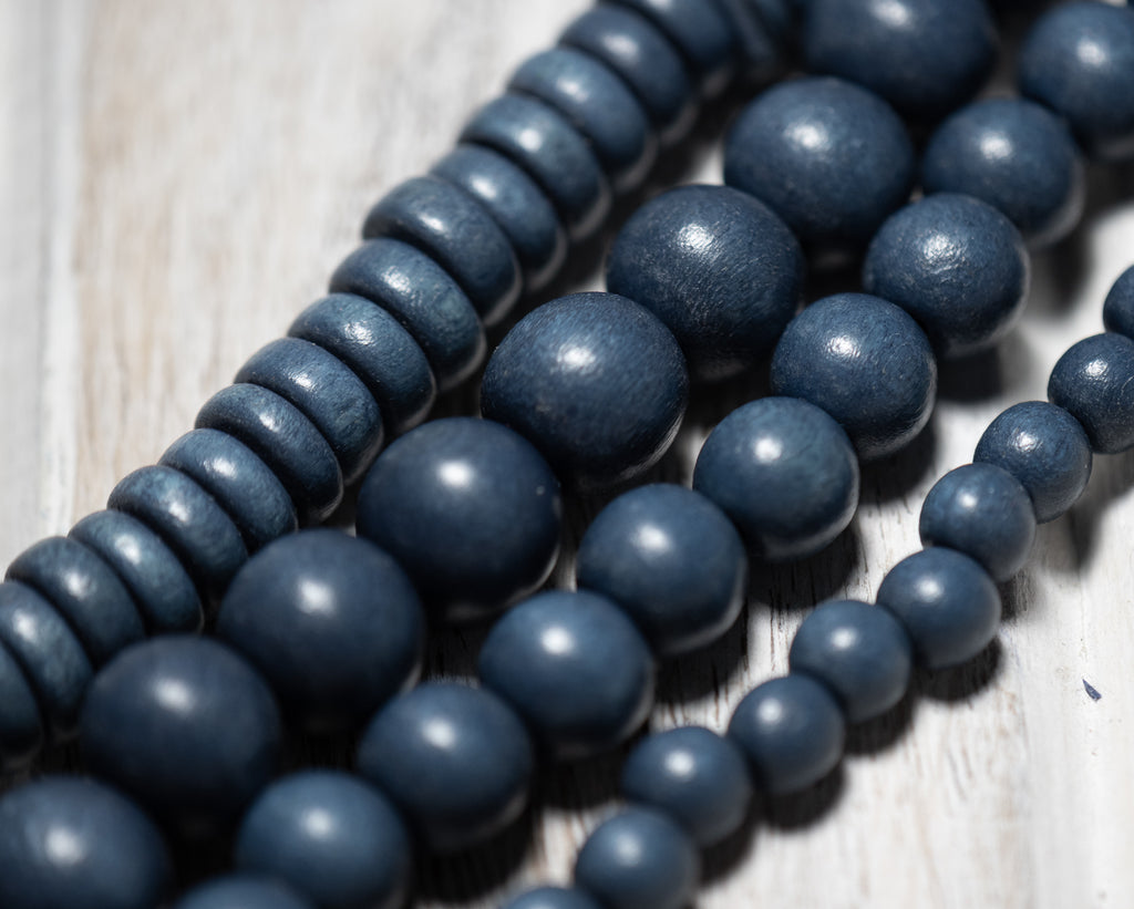 Blue Charcoal Gray Wood Beads 6mm, 8mm, 10mm,12mm, 8x5mm -16 inch Strand
