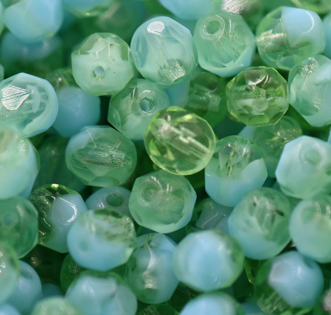 Opaque Aqua Peridot Green Czech Faceted Glass Bead 6mm Round - 25 Pc Hover Image