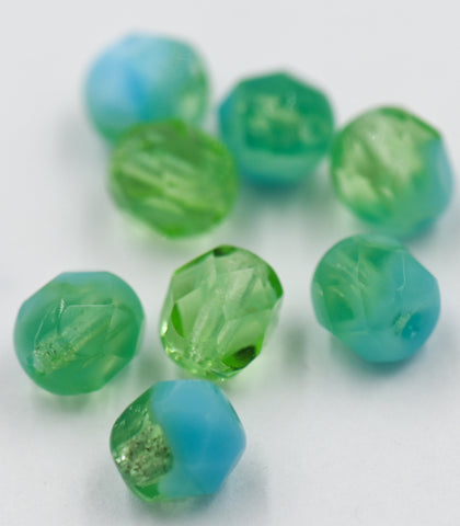 Opaque Aqua Peridot Green Czech Faceted Glass Bead 6mm Round - 25 Pc