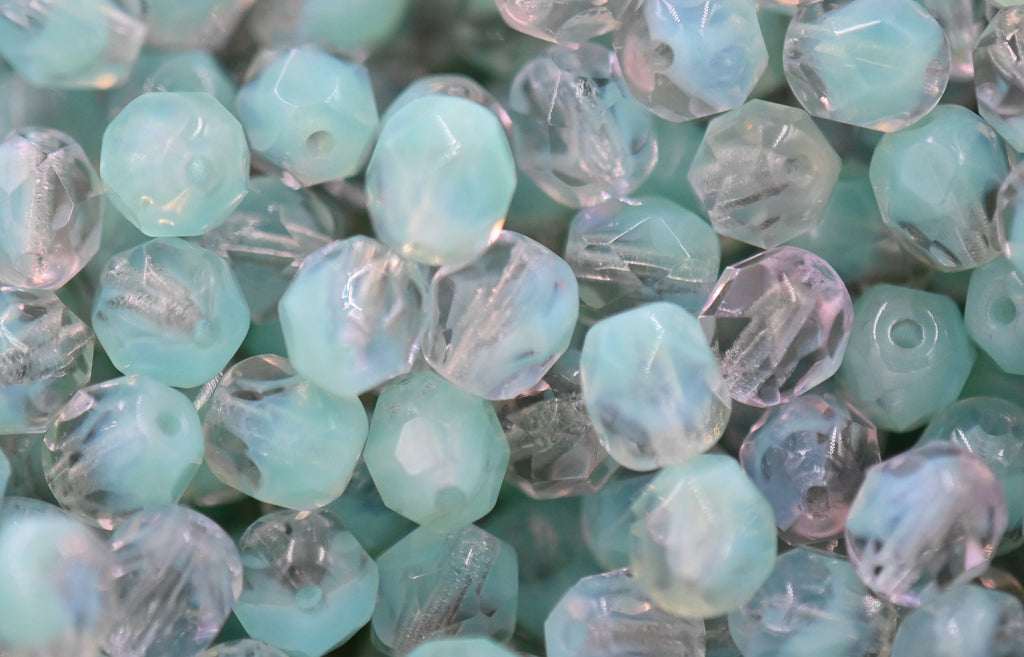 Opaque Seafoam Green Half Clear Czech Faceted Glass Bead 6mm Round - 25 Pc