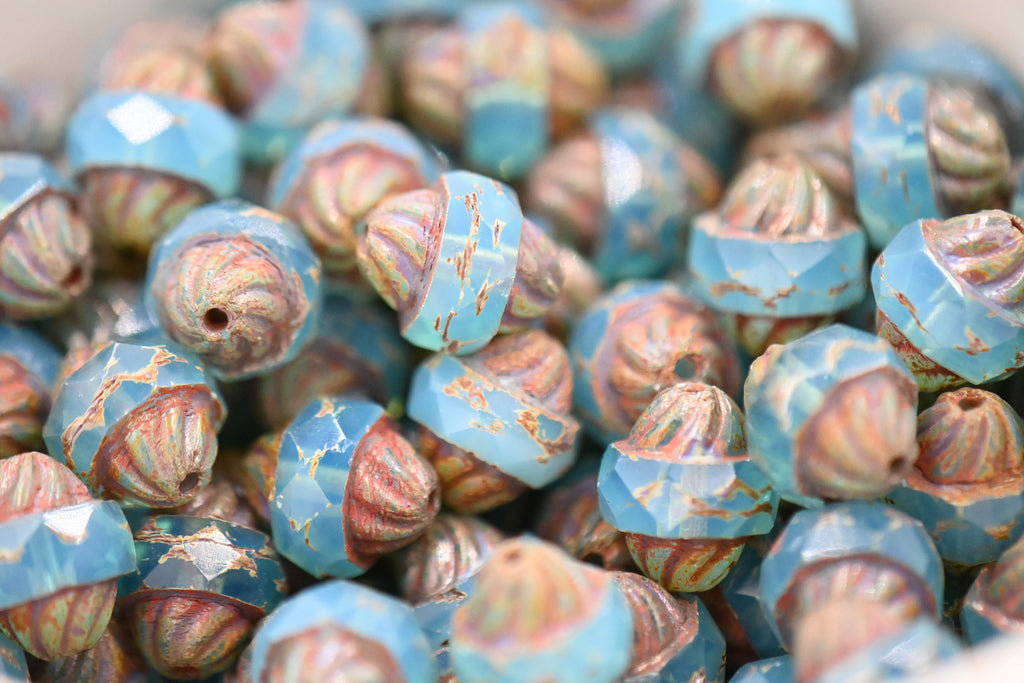 Czech Glass Beads - Picasso Beads - Turbine Beads - Fire Polished Beads - Aqua Opal Blue - 11x10mm - 10pcs